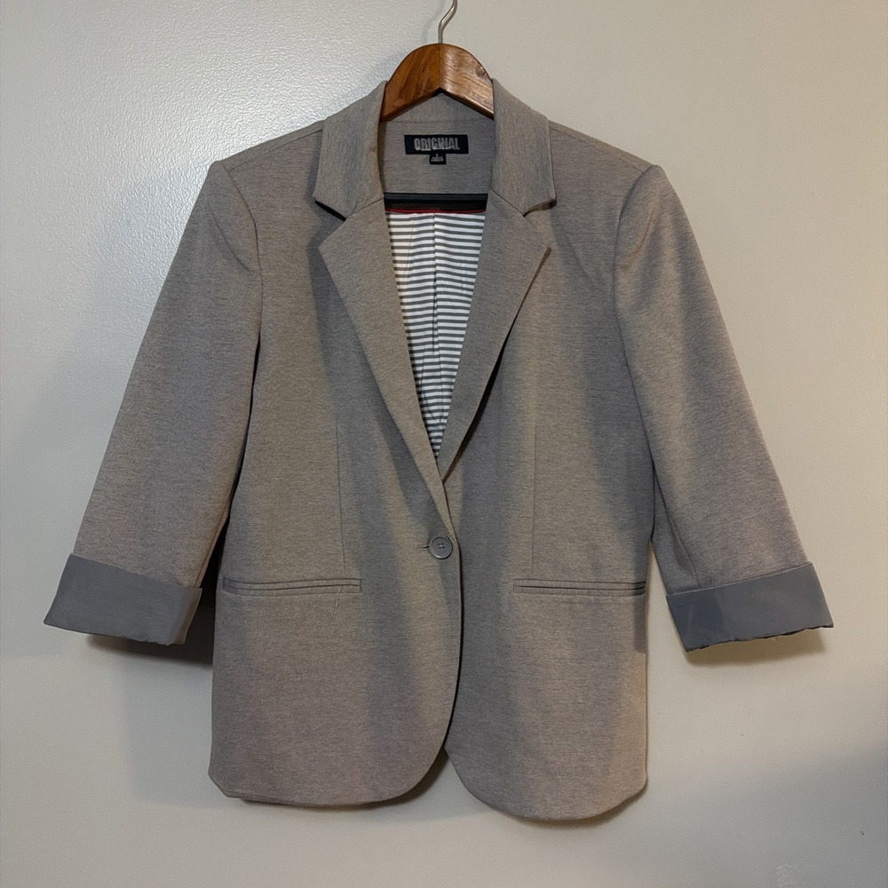 Nicole Miller Original Jacket Women L Taupe Blazer 1 Button Cotton Blend Stretch